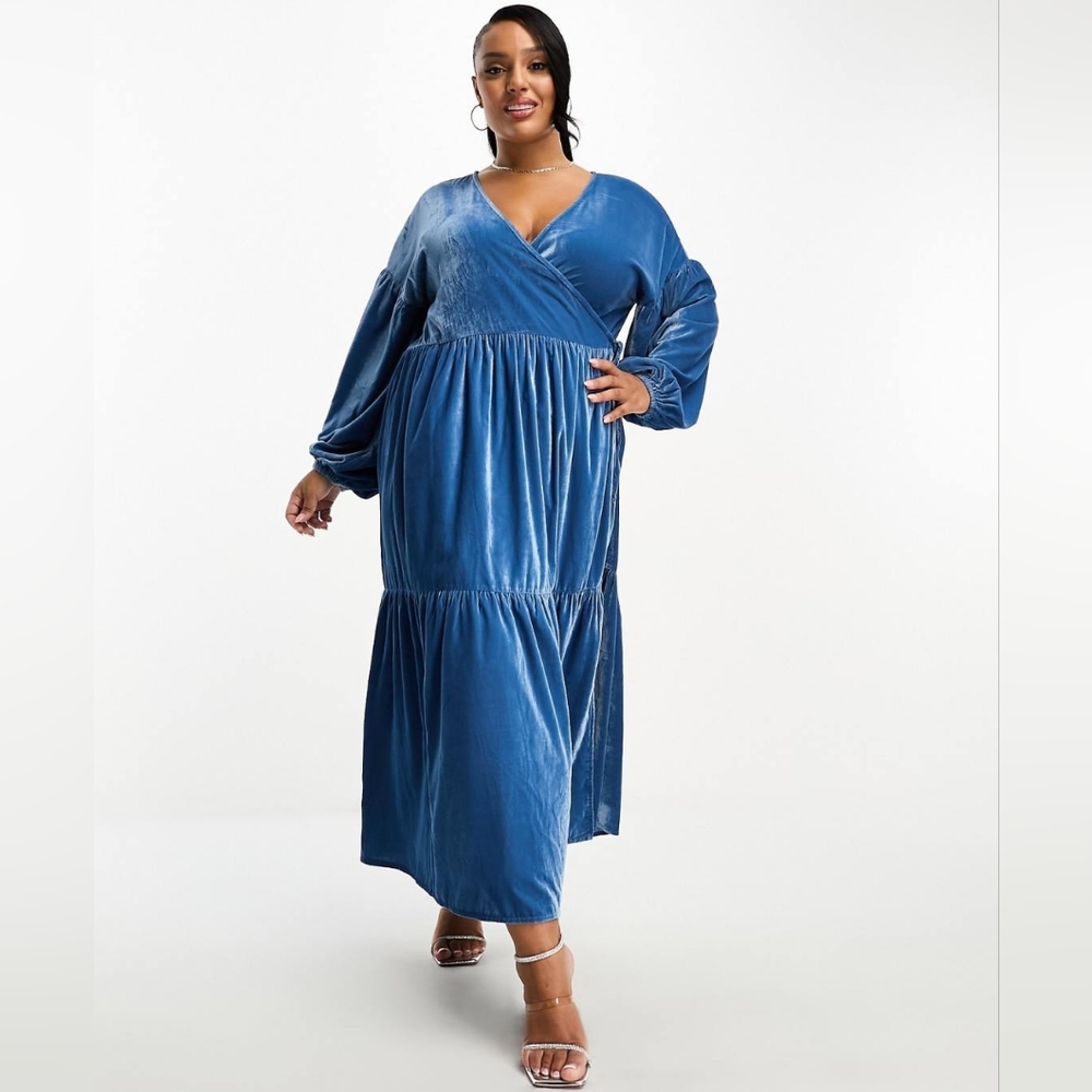 ASOS Curve Velvet Tiered Wrap Dress Dusty Blue Lantern Sleeve Plus 20 Nwot
